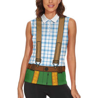 Bavarian Lederhosen Costume Style Women Sleeveless Polo Shirt Blue Caro Pattern - Wonder Print Shop