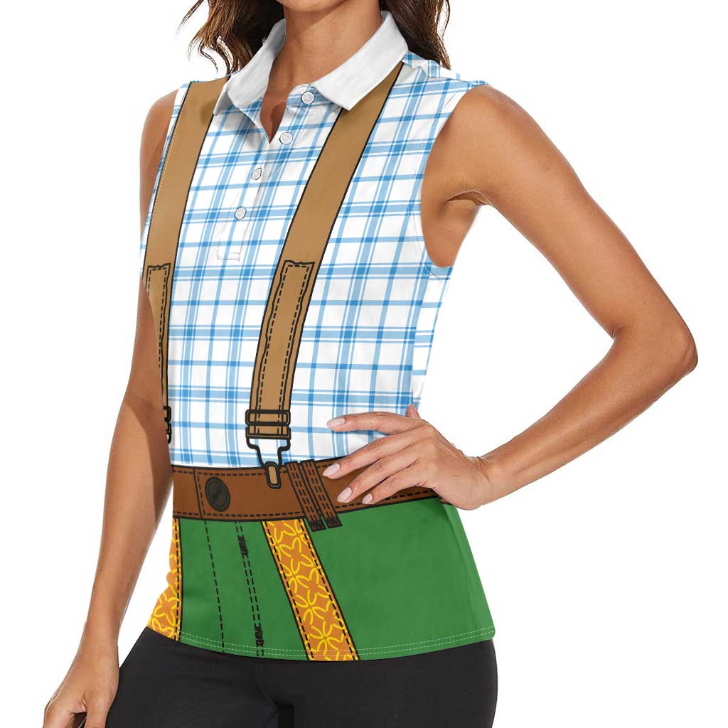 Bavarian Lederhosen Costume Style Women Sleeveless Polo Shirt Blue Caro Pattern - Wonder Print Shop