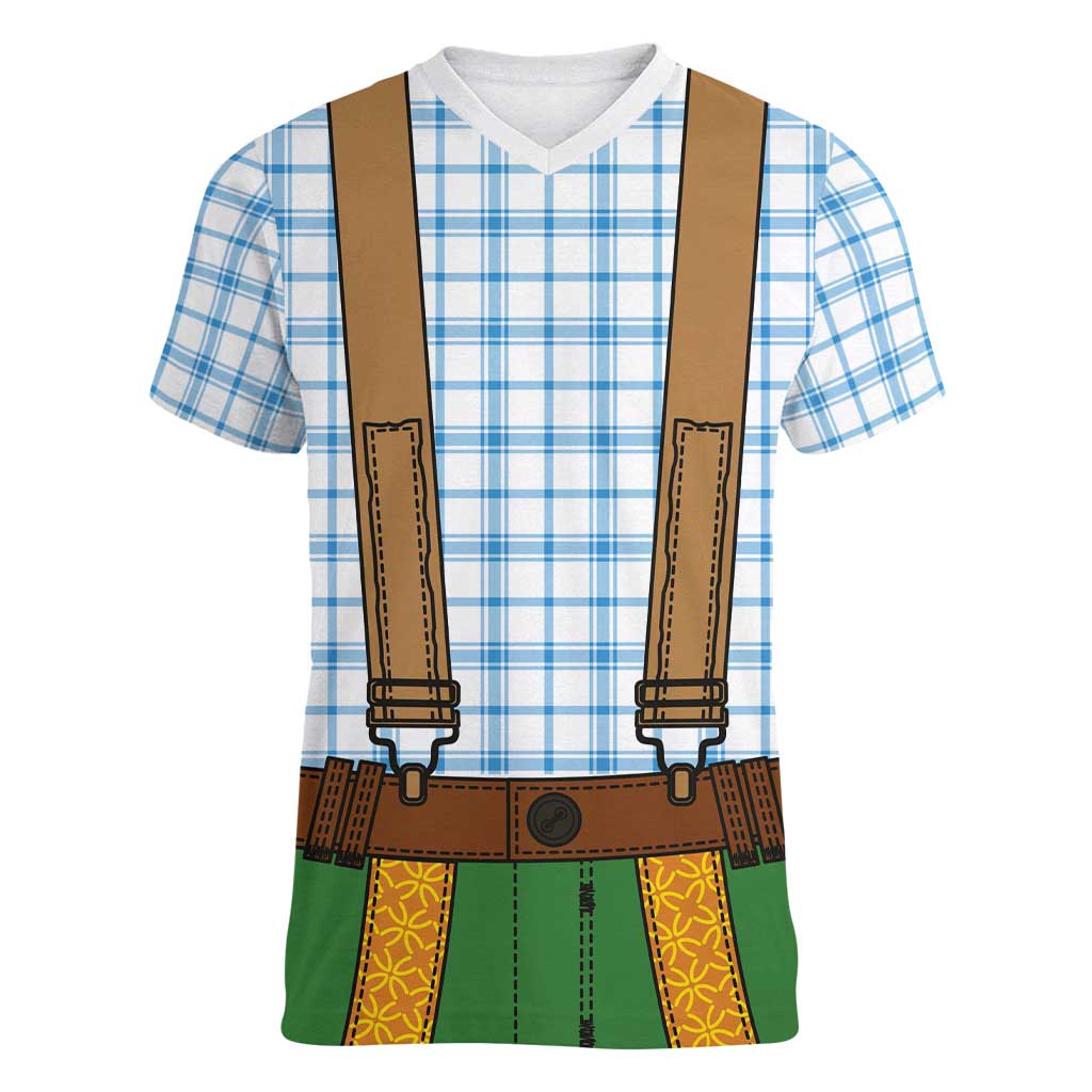 Bavarian Lederhosen Costume Style Women V-Neck T-Shirt Blue Caro Pattern - Wonder Print Shop