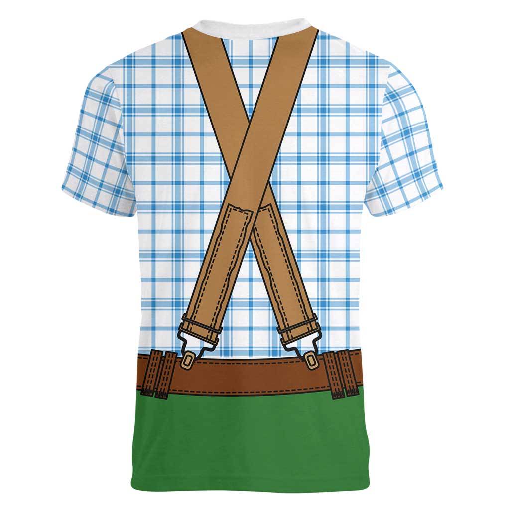 Bavarian Lederhosen Costume Style Women V-Neck T-Shirt Blue Caro Pattern - Wonder Print Shop
