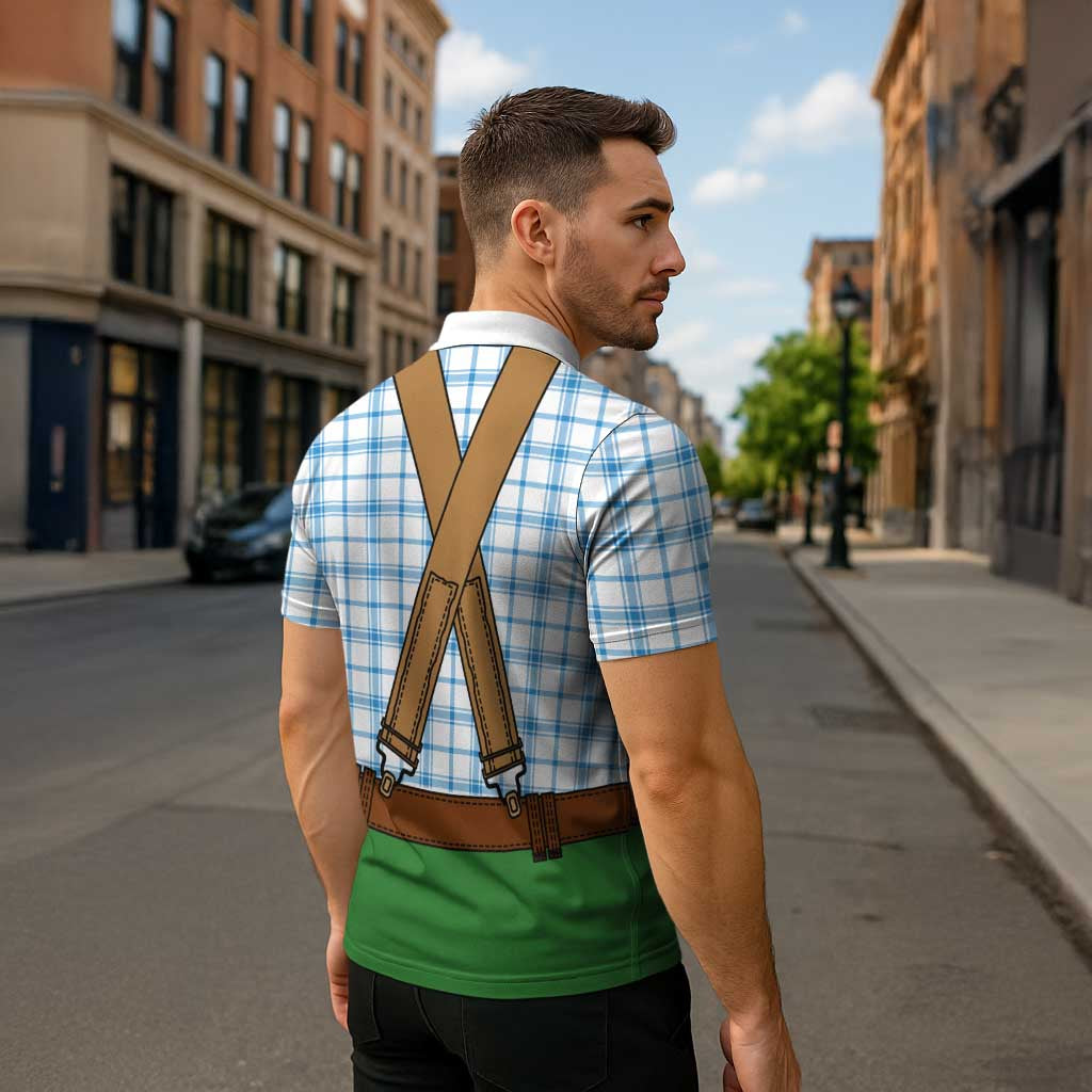 Bavarian Lederhosen Costume Style Zipper Polo Shirt Blue Caro Pattern - Wonder Print Shop