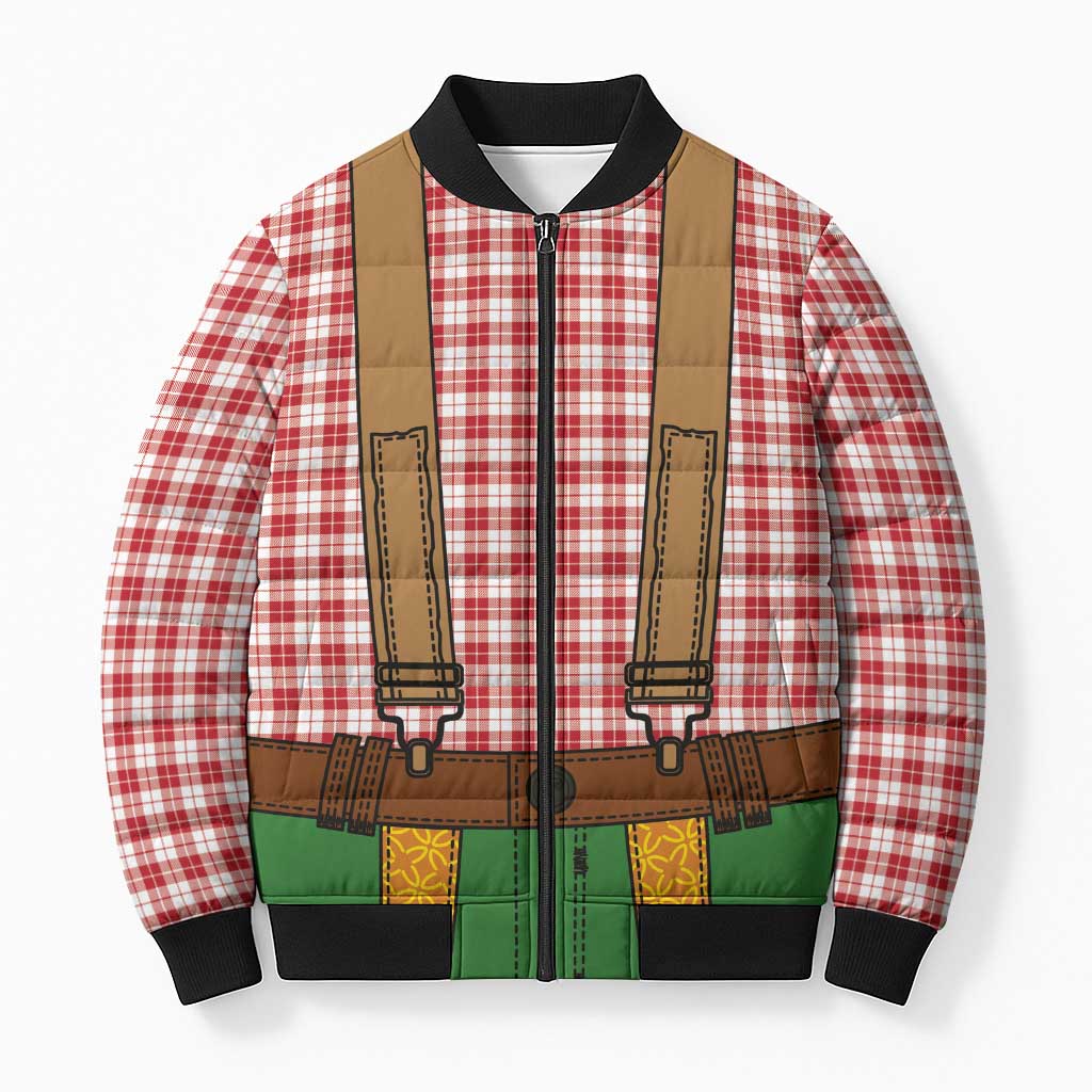 Bavarian Lederhosen Costume Style Bomber Puffer Jacket Red Caro Pattern - Wonder Print Shop