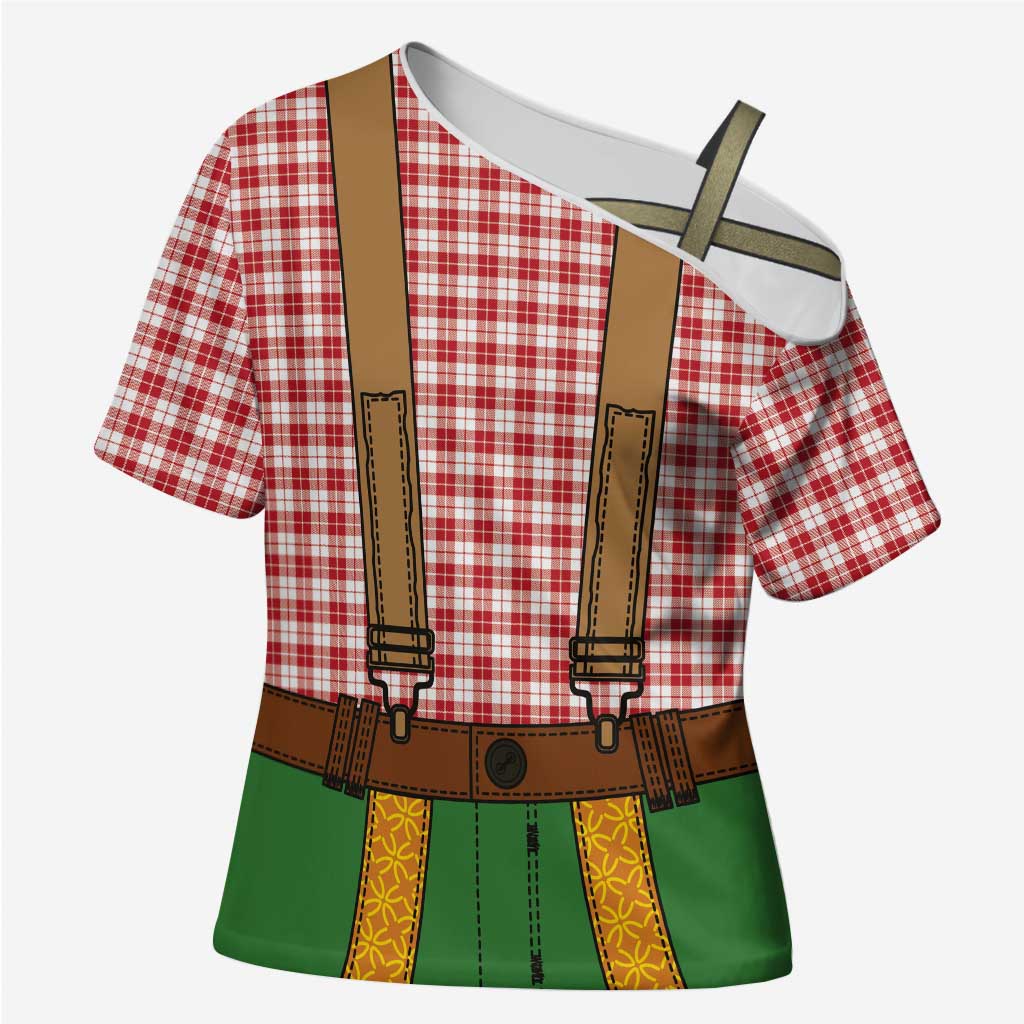 Bavarian Lederhosen Costume Style Cross Shoulder Shirt Red Caro Pattern - Wonder Print Shop