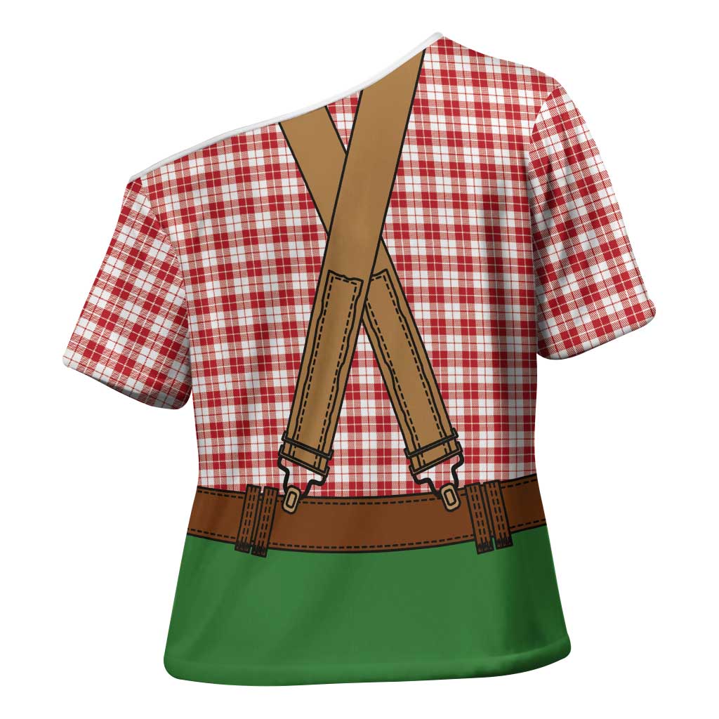 Bavarian Lederhosen Costume Style Cross Shoulder Shirt Red Caro Pattern - Wonder Print Shop