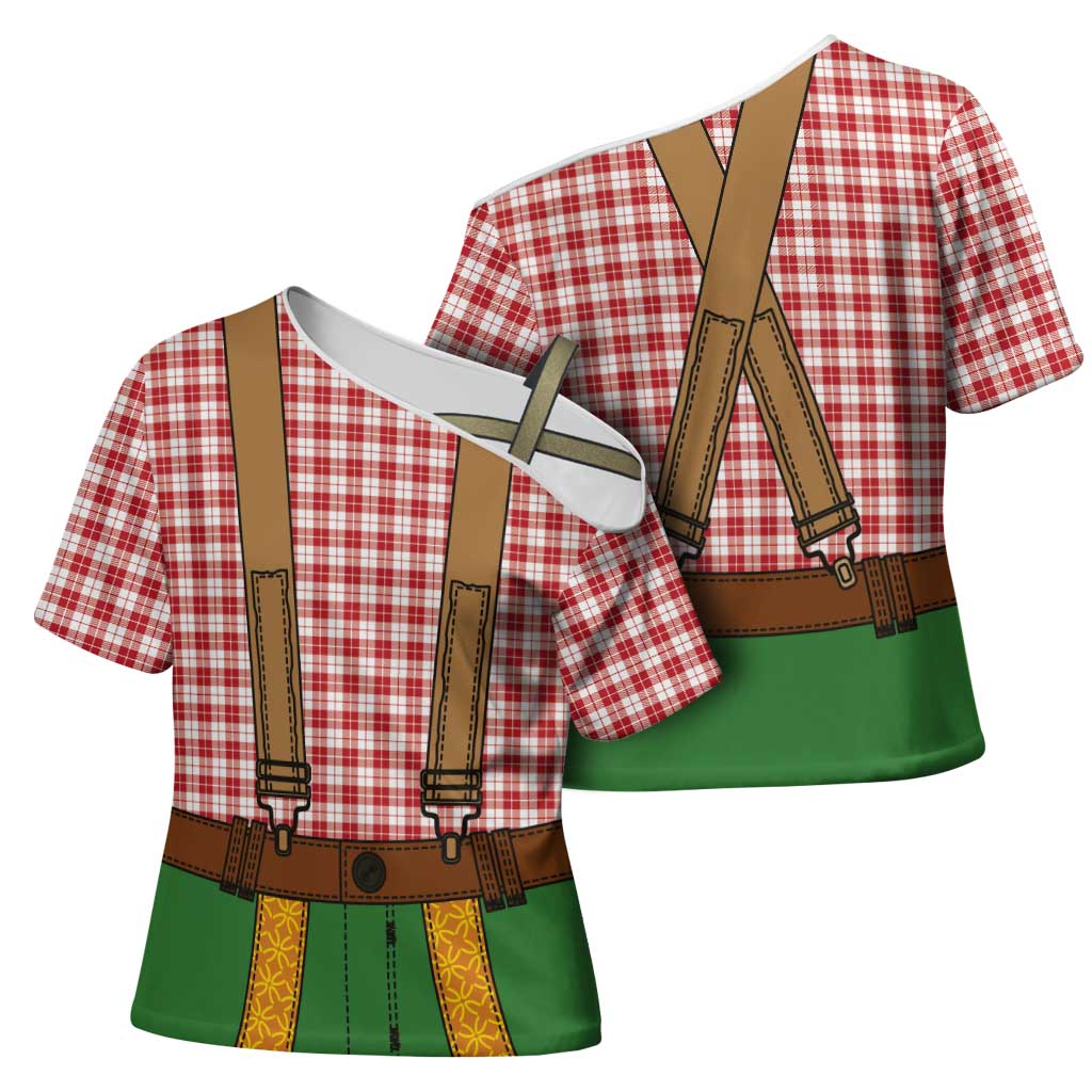 Bavarian Lederhosen Costume Style Cross Shoulder Shirt Red Caro Pattern - Wonder Print Shop