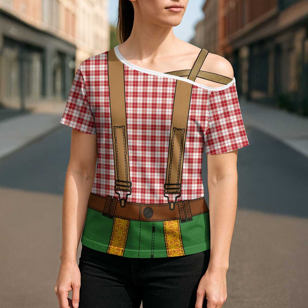 Bavarian Lederhosen Costume Style Cross Shoulder Shirt Red Caro Pattern - Wonder Print Shop