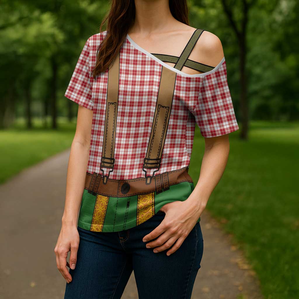 Bavarian Lederhosen Costume Style Cross Shoulder Shirt Red Caro Pattern - Wonder Print Shop