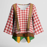 Bavarian Lederhosen Costume Style Kimono Sleeve Blouse Red Caro Pattern - Wonder Print Shop
