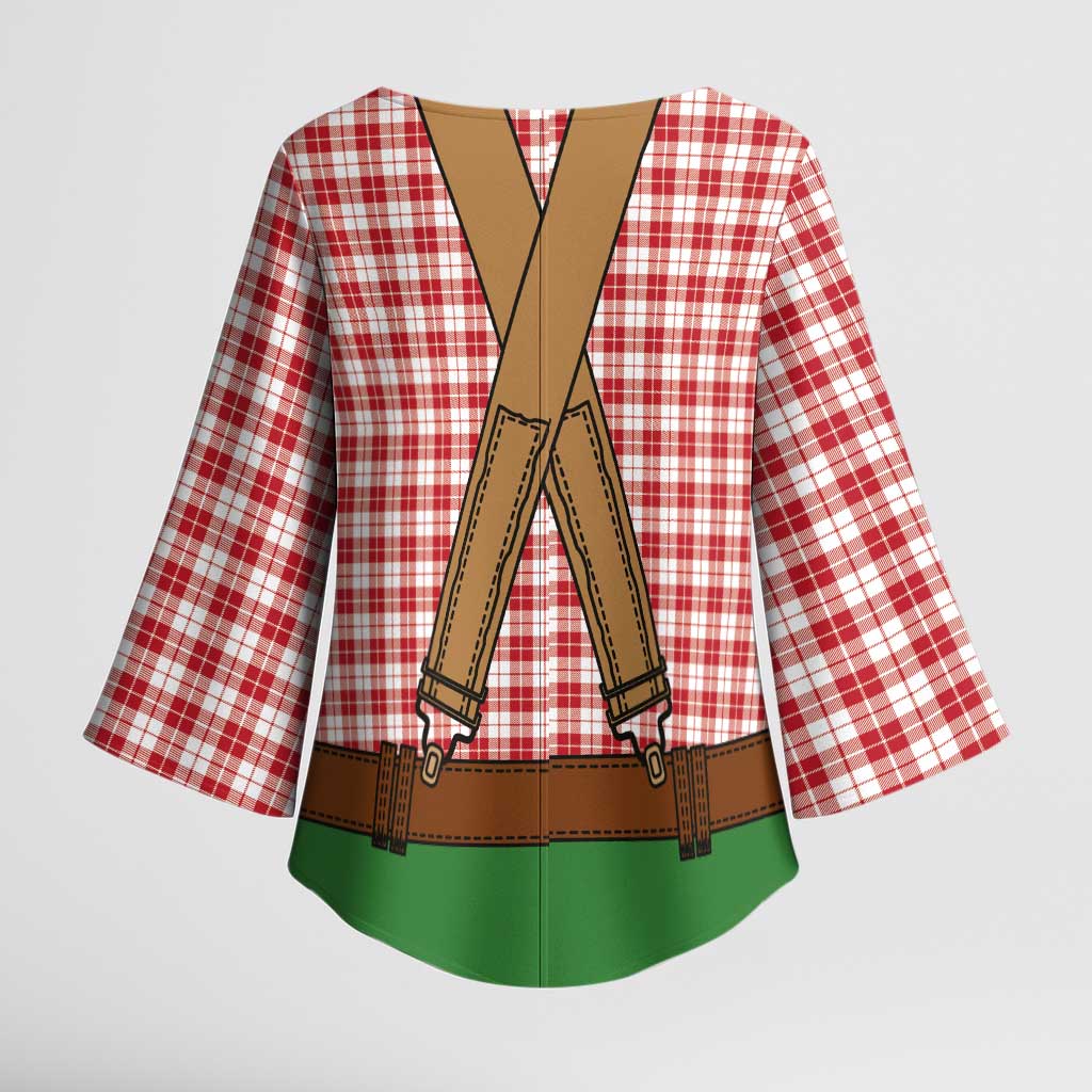Bavarian Lederhosen Costume Style Kimono Sleeve Blouse Red Caro Pattern - Wonder Print Shop