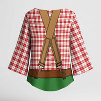 Bavarian Lederhosen Costume Style Kimono Sleeve Blouse Red Caro Pattern - Wonder Print Shop