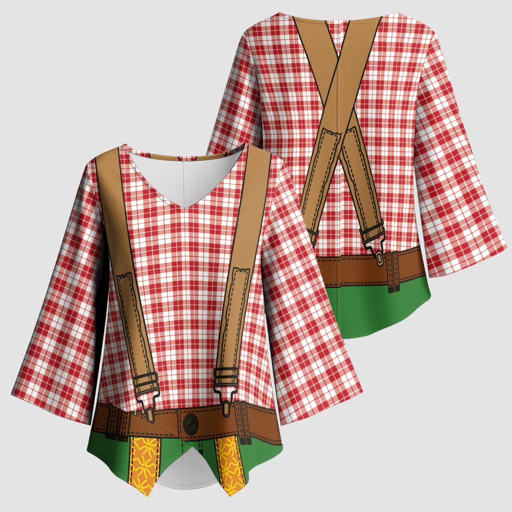 Bavarian Lederhosen Costume Style Kimono Sleeve Blouse Red Caro Pattern - Wonder Print Shop