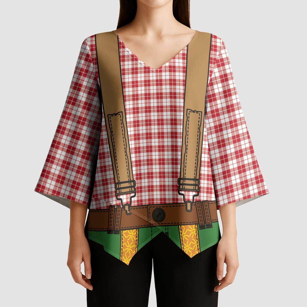 Bavarian Lederhosen Costume Style Kimono Sleeve Blouse Red Caro Pattern - Wonder Print Shop