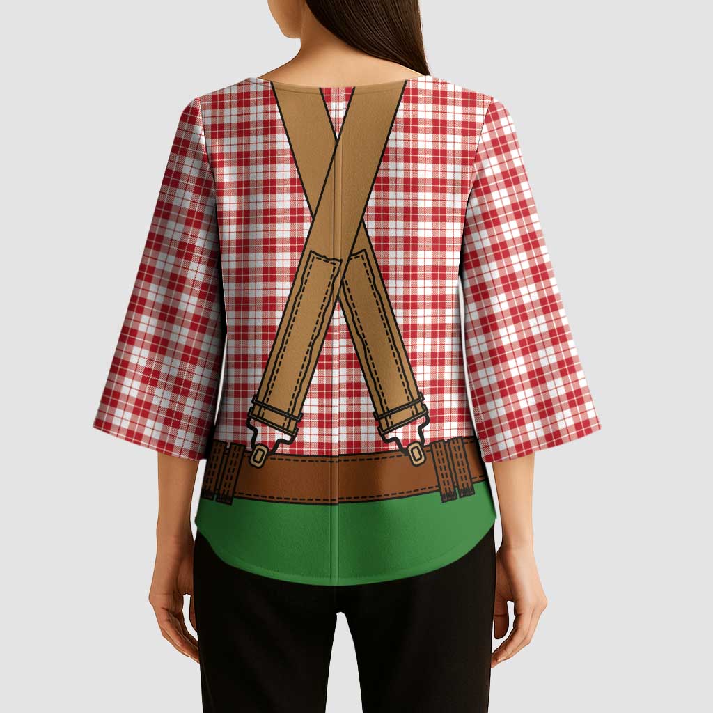 Bavarian Lederhosen Costume Style Kimono Sleeve Blouse Red Caro Pattern - Wonder Print Shop