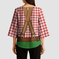 Bavarian Lederhosen Costume Style Kimono Sleeve Blouse Red Caro Pattern - Wonder Print Shop
