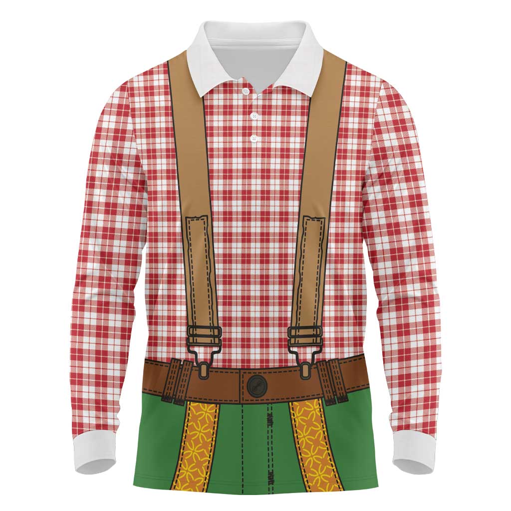 Bavarian Lederhosen Costume Style Long Sleeve Polo Shirt Red Caro Pattern - Wonder Print Shop