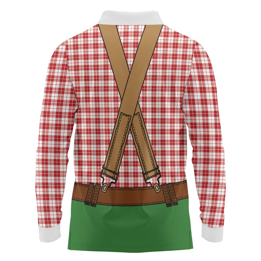 Bavarian Lederhosen Costume Style Long Sleeve Polo Shirt Red Caro Pattern - Wonder Print Shop