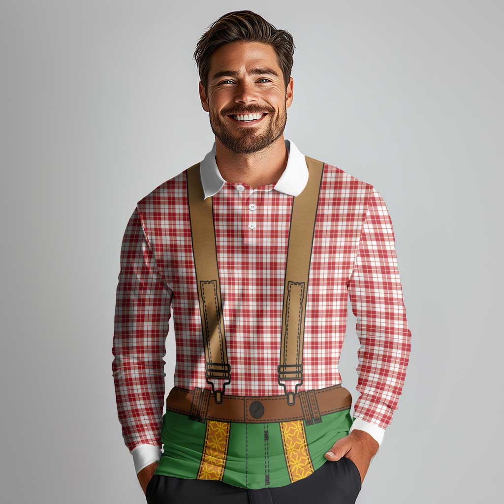 Bavarian Lederhosen Costume Style Long Sleeve Polo Shirt Red Caro Pattern - Wonder Print Shop