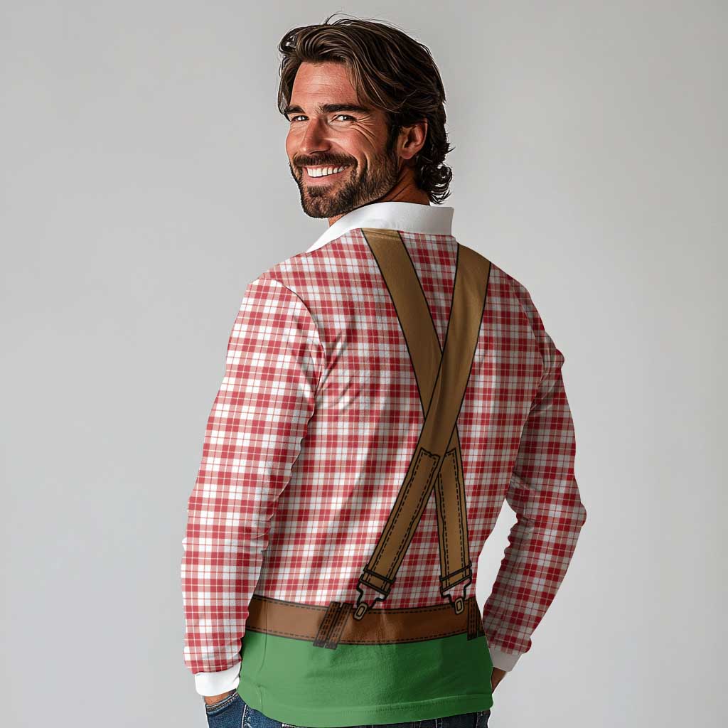 Bavarian Lederhosen Costume Style Long Sleeve Polo Shirt Red Caro Pattern - Wonder Print Shop