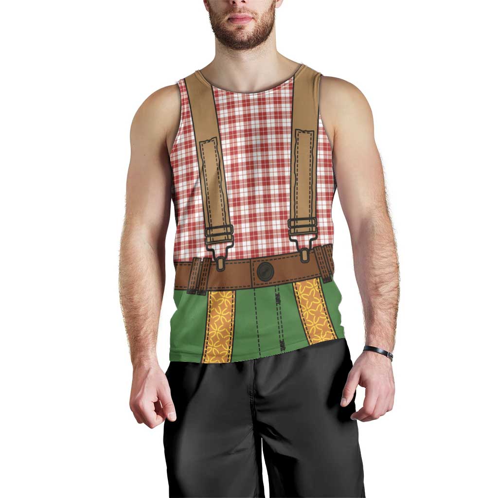 Bavarian Lederhosen Costume Style Men Tank Top Red Caro Pattern - Wonder Print Shop