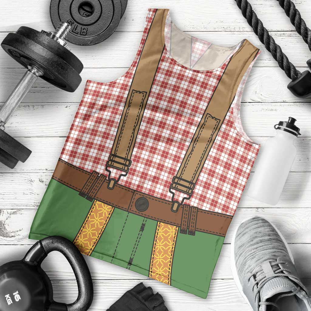Bavarian Lederhosen Costume Style Men Tank Top Red Caro Pattern - Wonder Print Shop