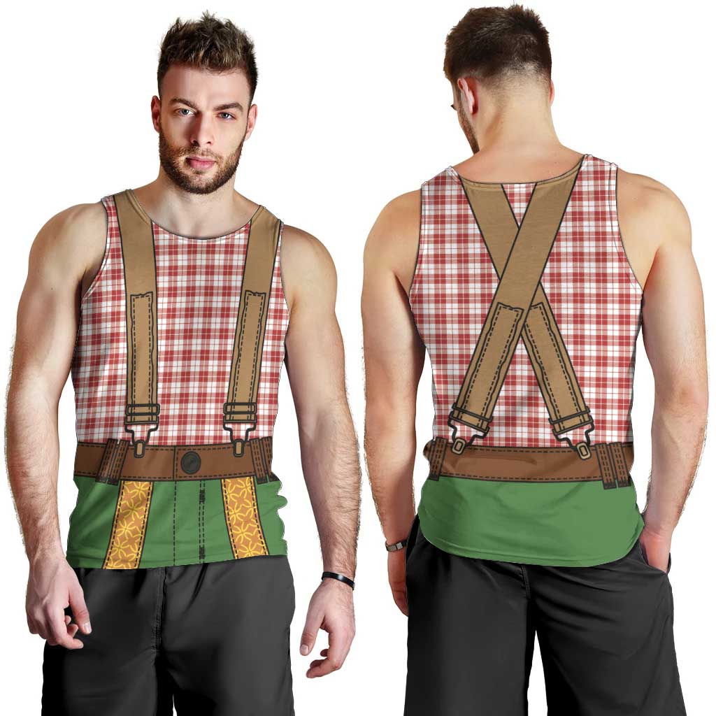Bavarian Lederhosen Costume Style Men Tank Top Red Caro Pattern - Wonder Print Shop