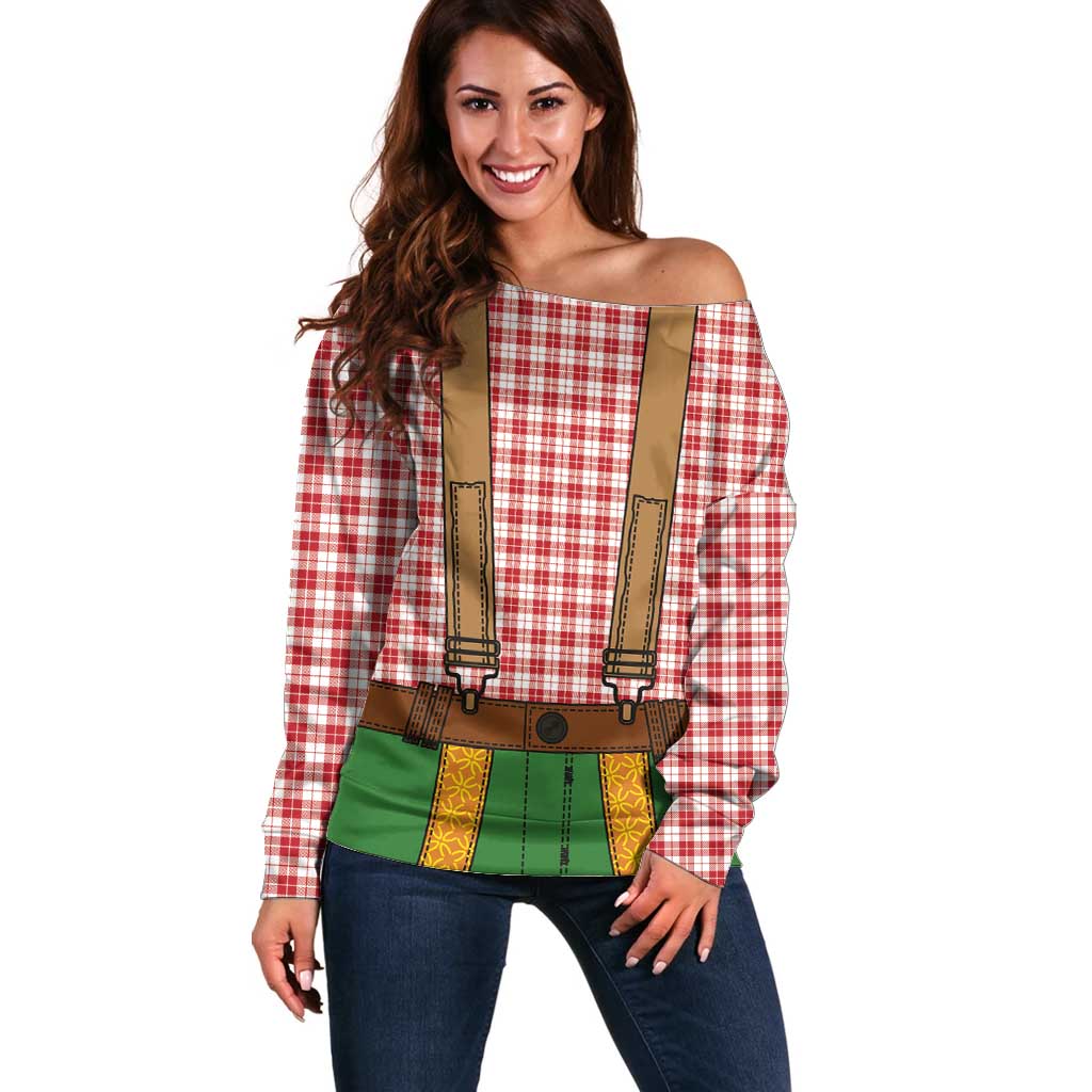 Bavarian Lederhosen Costume Style Off Shoulder Sweater Red Caro Pattern - Wonder Print Shop