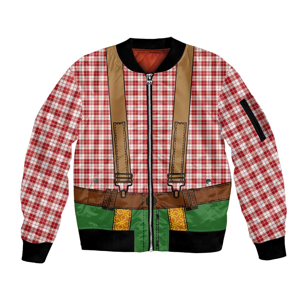 Bavarian Lederhosen Costume Style Sleeve Zip Bomber Jacket Red Caro Pattern - Wonder Print Shop