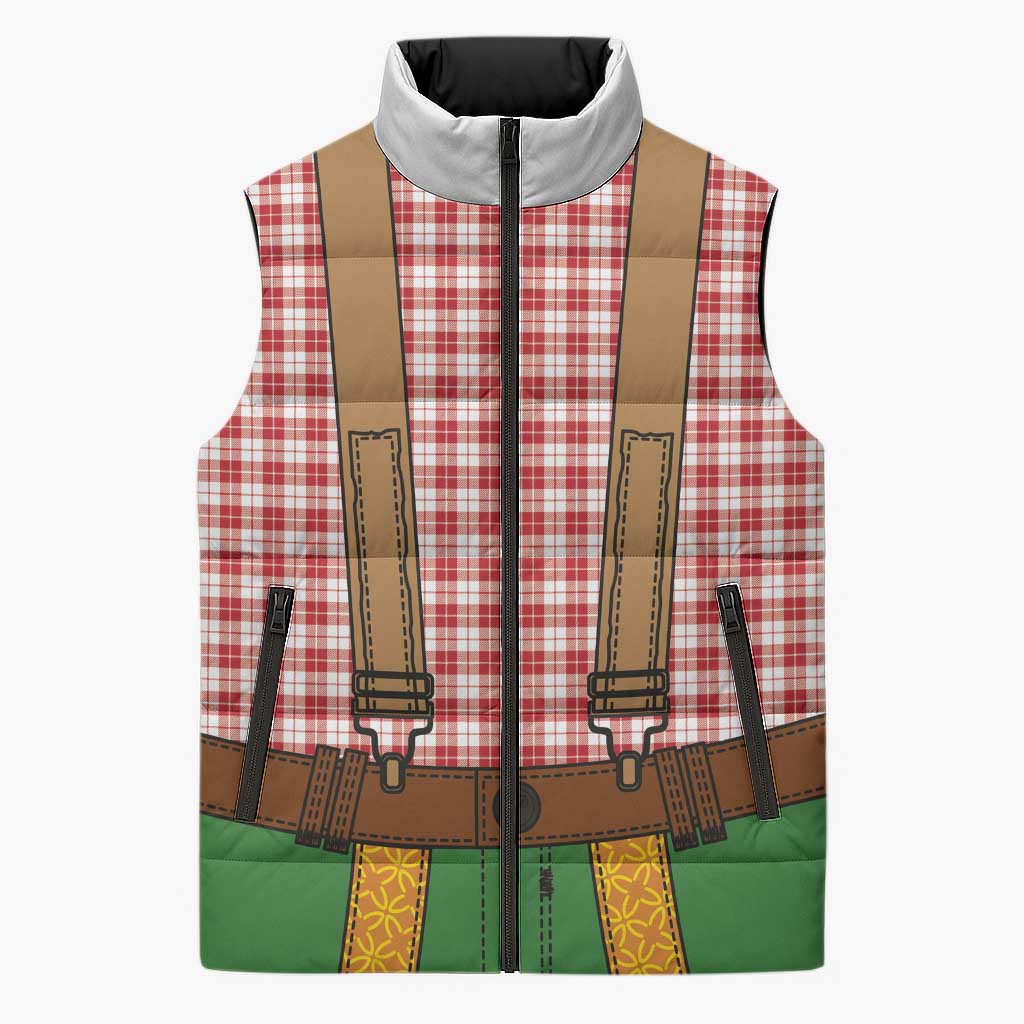 Bavarian Lederhosen Costume Style Sleeveless Puffer Jacket Red Caro Pattern - Wonder Print Shop