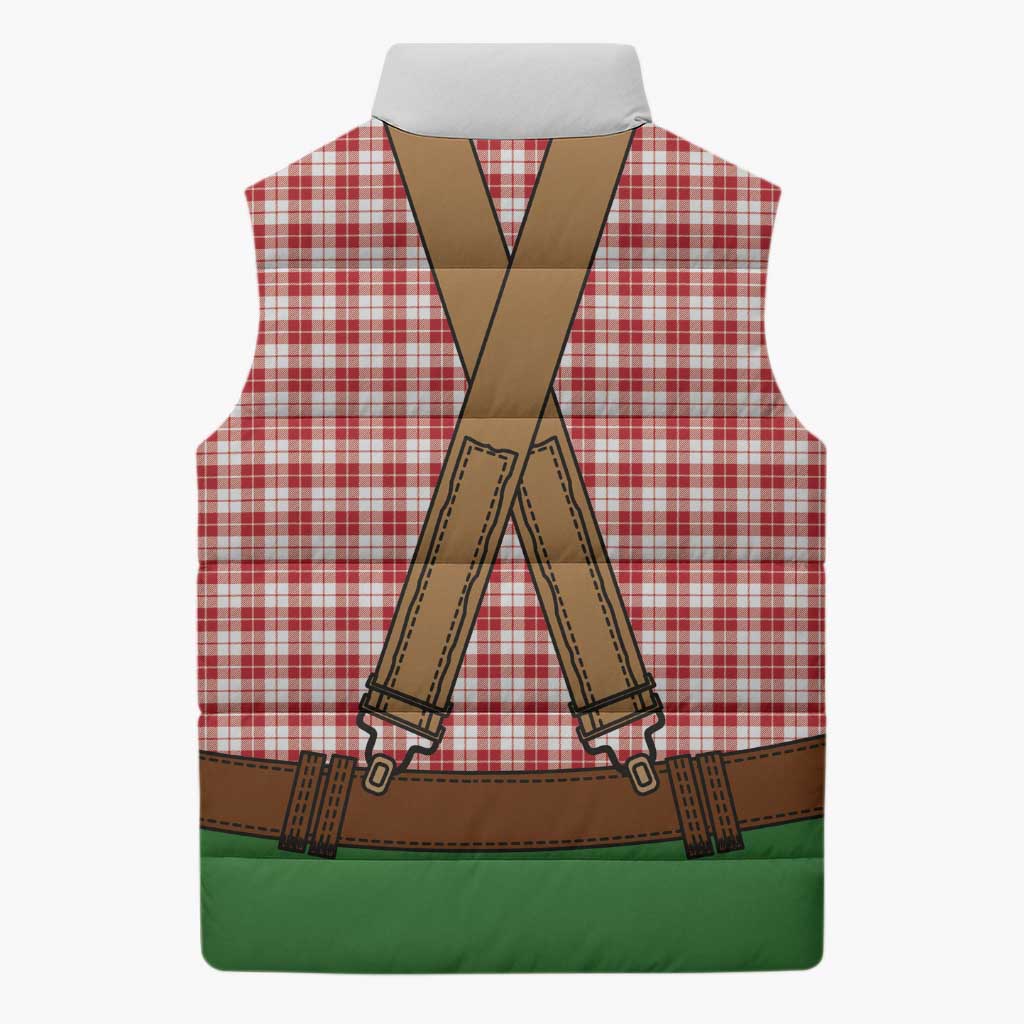 Bavarian Lederhosen Costume Style Sleeveless Puffer Jacket Red Caro Pattern - Wonder Print Shop