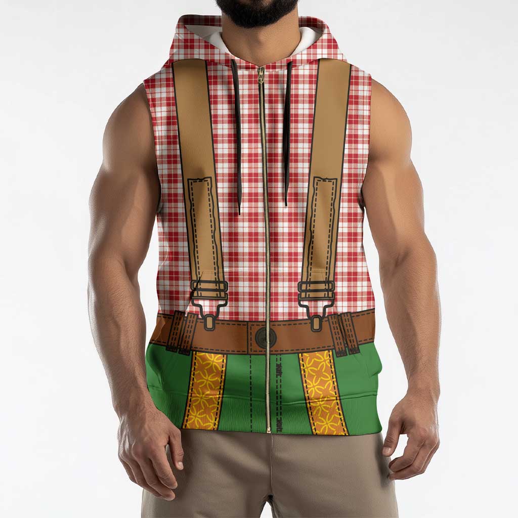 Bavarian Lederhosen Costume Style Sleeveless Zip Hoodie Red Caro Pattern - Wonder Print Shop