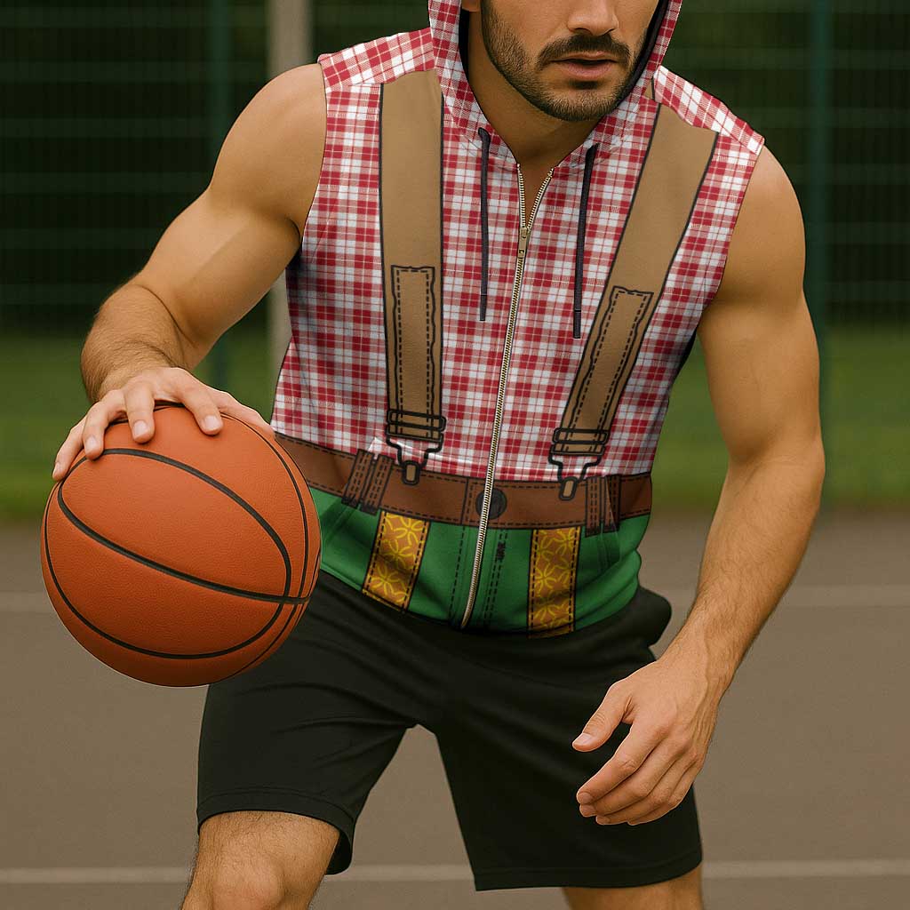 Bavarian Lederhosen Costume Style Sleeveless Zip Hoodie Red Caro Pattern - Wonder Print Shop
