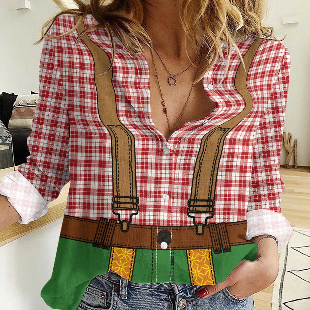 Bavarian Lederhosen Costume Style Women Casual Shirt Red Caro Pattern - Wonder Print Shop