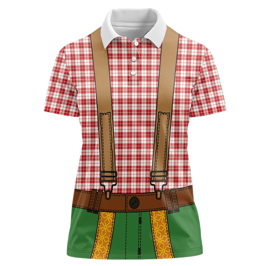 Bavarian Lederhosen Costume Style Women Polo Shirt Red Caro Pattern - Wonder Print Shop