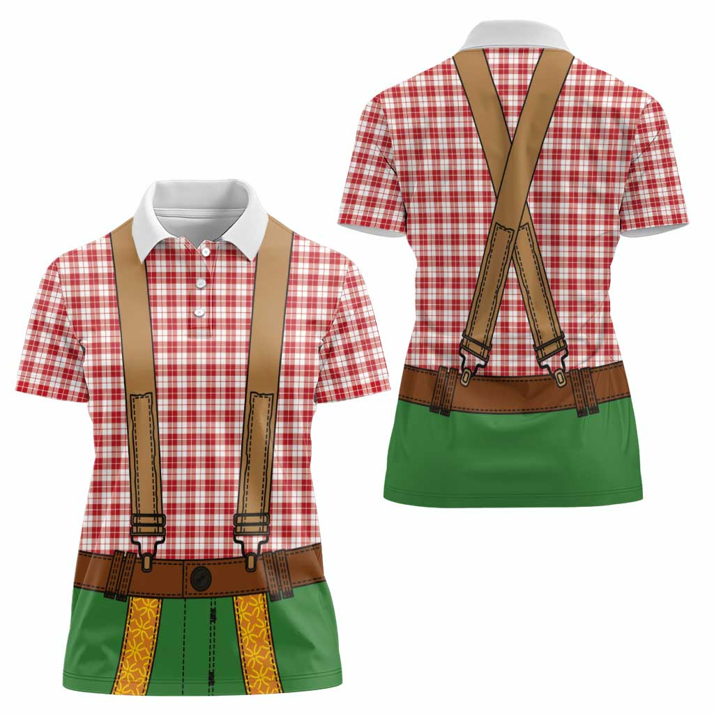 Bavarian Lederhosen Costume Style Women Polo Shirt Red Caro Pattern - Wonder Print Shop