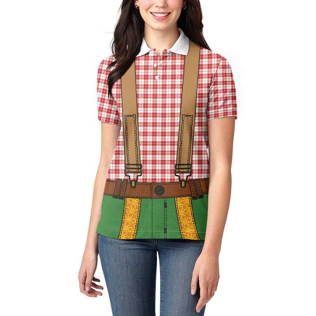 Bavarian Lederhosen Costume Style Women Polo Shirt Red Caro Pattern - Wonder Print Shop