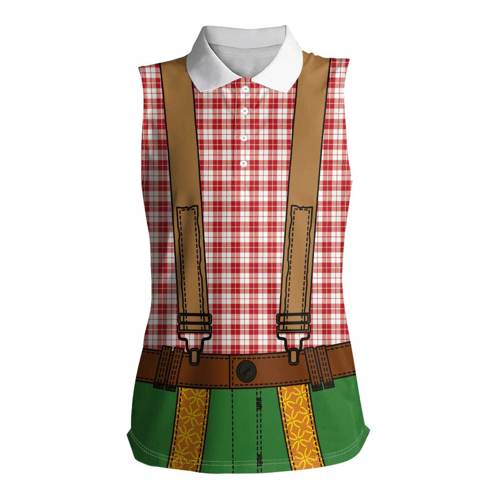 Bavarian Lederhosen Costume Style Women Sleeveless Polo Shirt Red Caro Pattern - Wonder Print Shop
