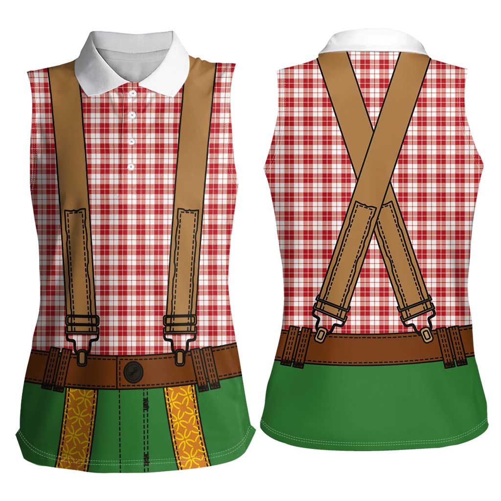 Bavarian Lederhosen Costume Style Women Sleeveless Polo Shirt Red Caro Pattern - Wonder Print Shop
