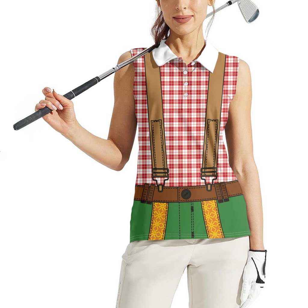 Bavarian Lederhosen Costume Style Women Sleeveless Polo Shirt Red Caro Pattern - Wonder Print Shop