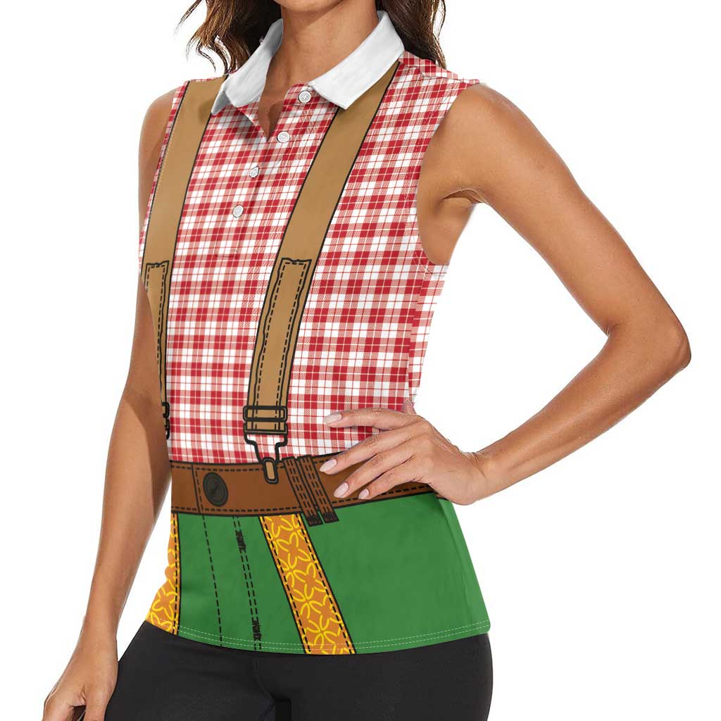 Bavarian Lederhosen Costume Style Women Sleeveless Polo Shirt Red Caro Pattern - Wonder Print Shop