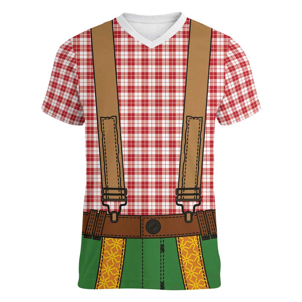 Bavarian Lederhosen Costume Style Women V-Neck T-Shirt Red Caro Pattern - Wonder Print Shop
