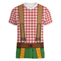 Bavarian Lederhosen Costume Style Women V-Neck T-Shirt Red Caro Pattern - Wonder Print Shop