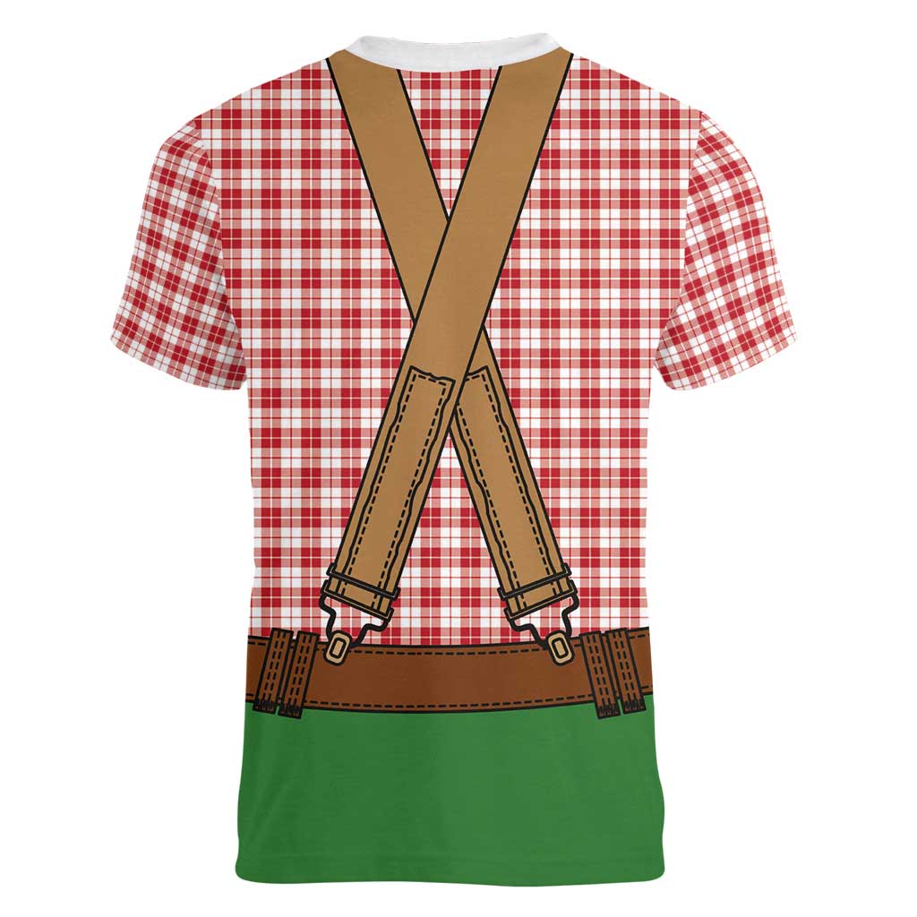 Bavarian Lederhosen Costume Style Women V-Neck T-Shirt Red Caro Pattern - Wonder Print Shop