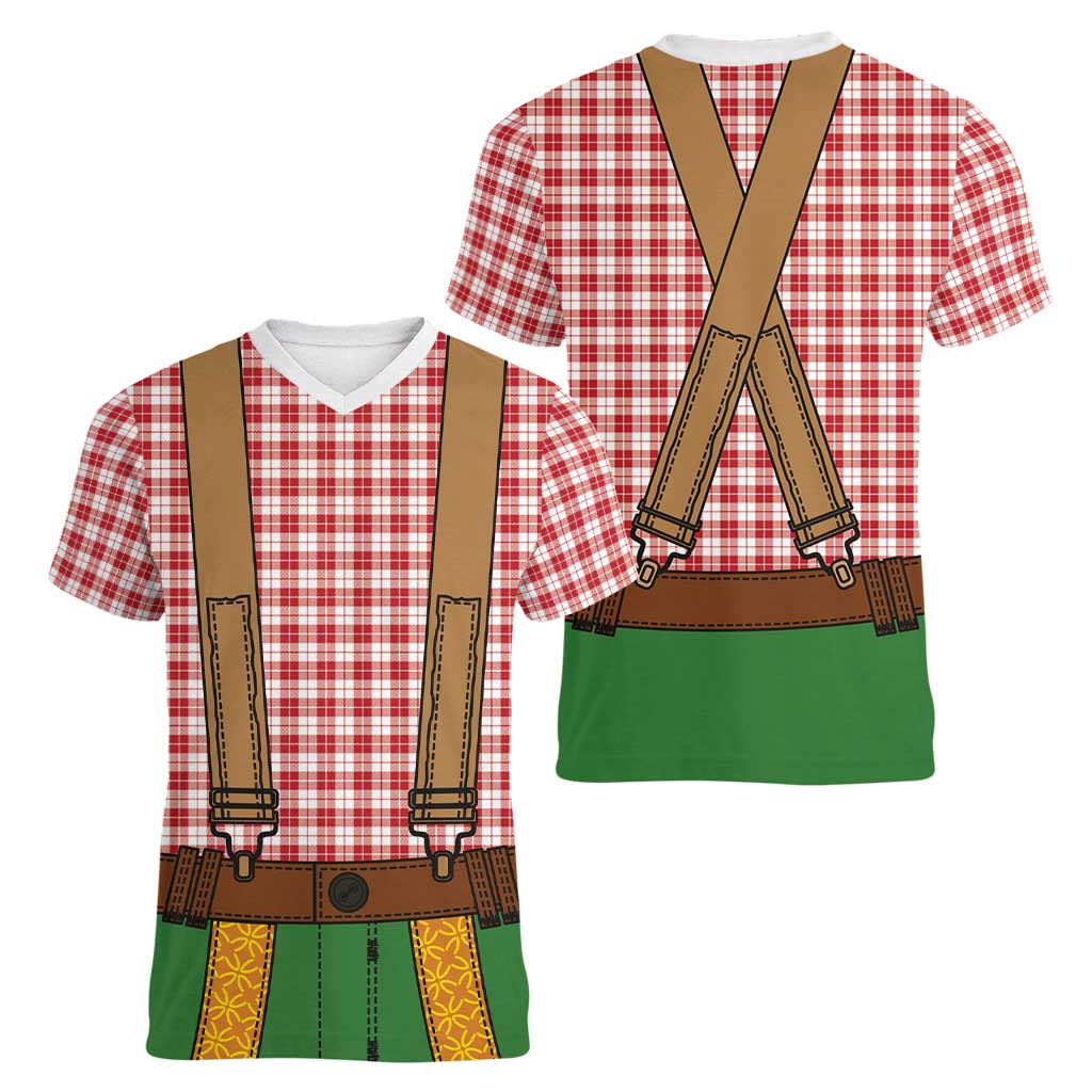 Bavarian Lederhosen Costume Style Women V-Neck T-Shirt Red Caro Pattern - Wonder Print Shop
