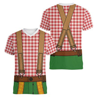 Bavarian Lederhosen Costume Style Women V-Neck T-Shirt Red Caro Pattern - Wonder Print Shop
