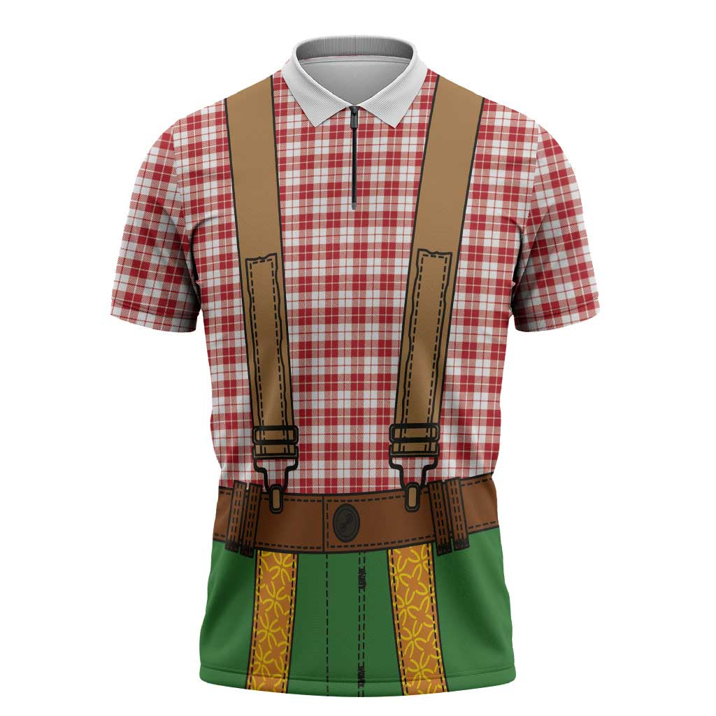 Bavarian Lederhosen Costume Style Zipper Polo Shirt Red Caro Pattern - Wonder Print Shop