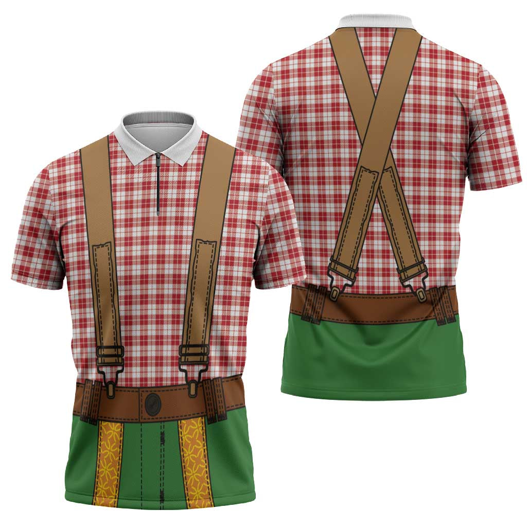 Bavarian Lederhosen Costume Style Zipper Polo Shirt Red Caro Pattern - Wonder Print Shop