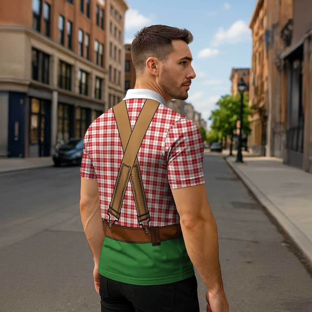 Bavarian Lederhosen Costume Style Zipper Polo Shirt Red Caro Pattern - Wonder Print Shop