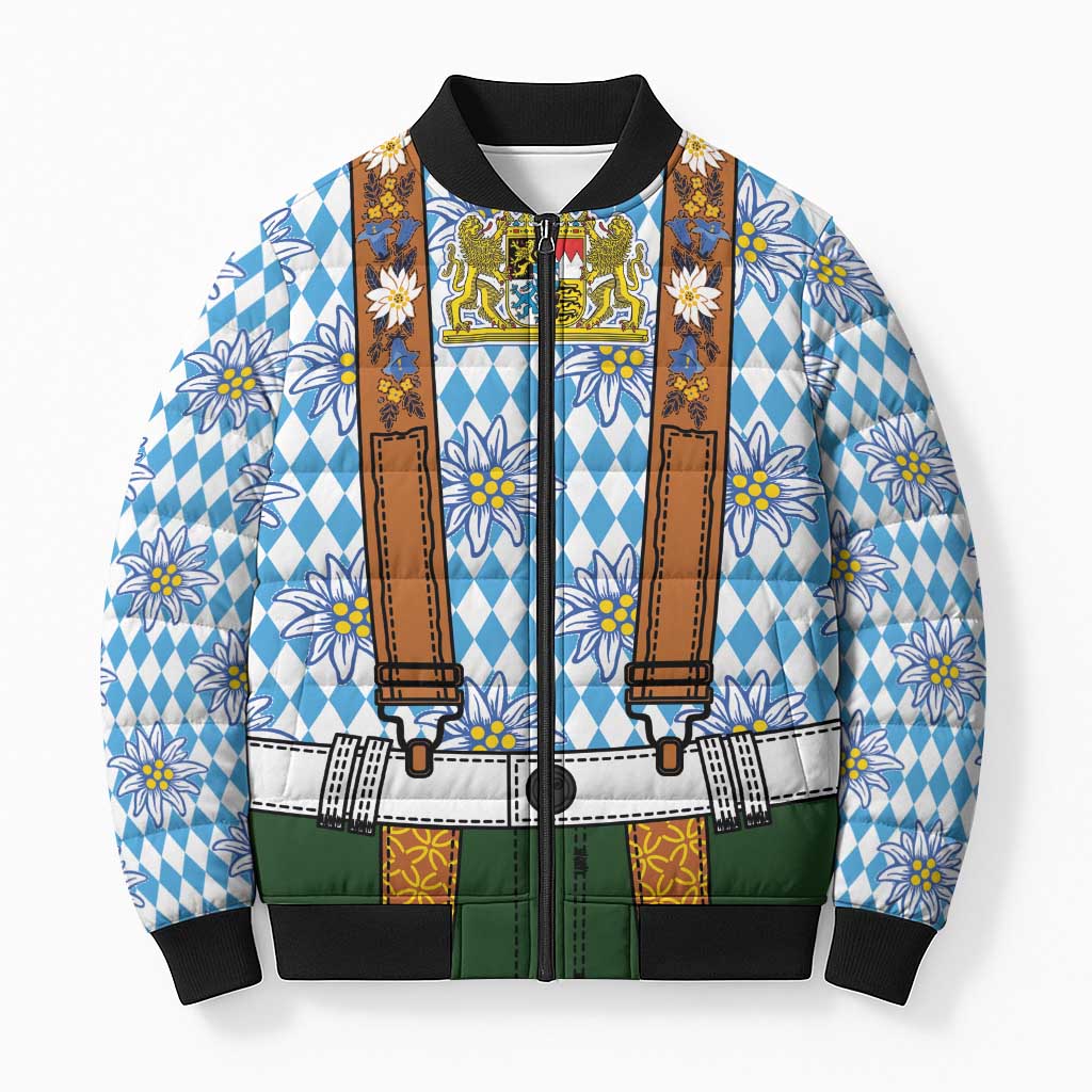 Bavarian Lederhosen Costume Style Bomber Puffer Jacket Edelweiss Rautenflagge Pattern - Wonder Print Shop