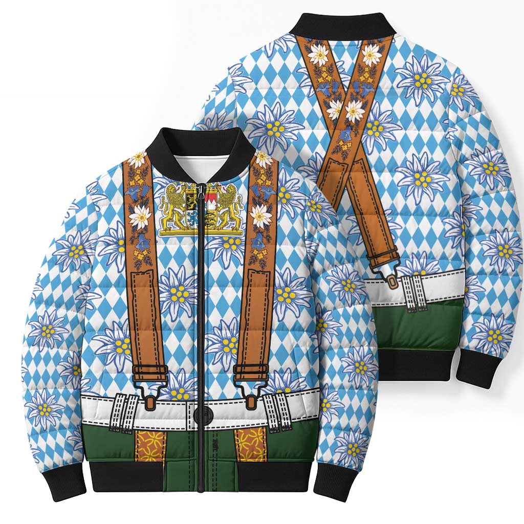 Bavarian Lederhosen Costume Style Bomber Puffer Jacket Edelweiss Rautenflagge Pattern - Wonder Print Shop