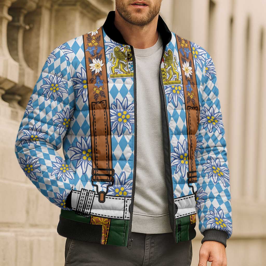 Bavarian Lederhosen Costume Style Bomber Puffer Jacket Edelweiss Rautenflagge Pattern - Wonder Print Shop